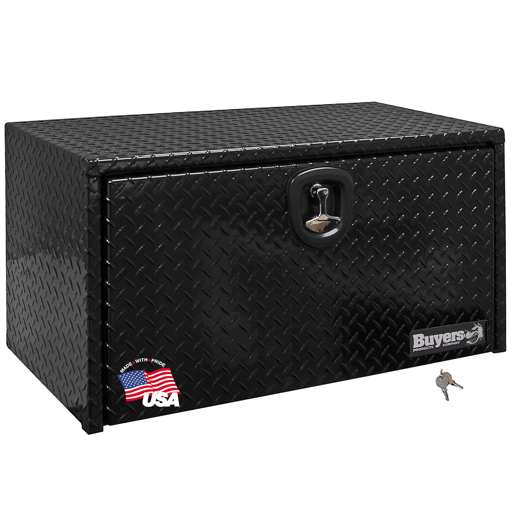 Buyers Products, 18x18x18in. Underbody Truck Bed Tool Job Storage Box, Width 18 in, Material Aluminum, Color Finish Diamond Plate Glossy Black, Model# 1725101